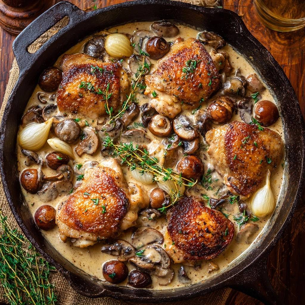 Knusprige Hähnchenschenkel in cremiger Pilzsoße von oben in einer Gusseisenpfanne mit Pilzen und Zwiebeln.