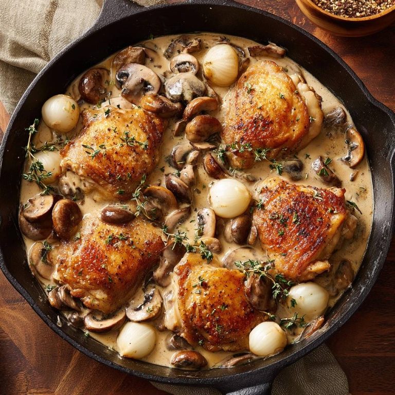 Knusprige Hähnchenschenkel in cremiger Pilzsoße, serviert in einer gusseisernen Pfanne mit kleinen Zwiebeln und Pilzen.