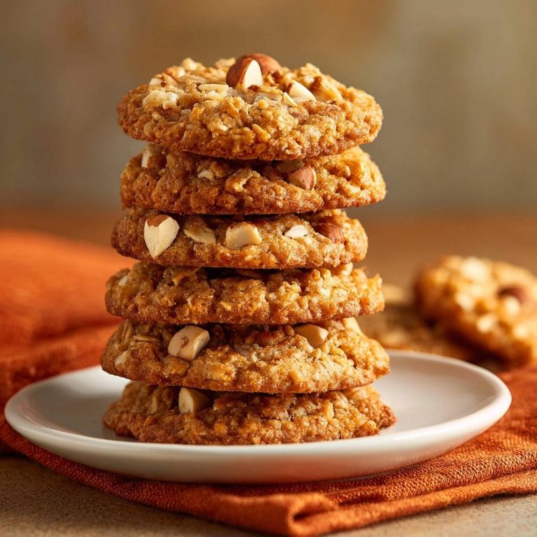 Knusprige Hafer-Haselnuss-Cookies, gestapelt auf einem weißen Teller, sind mit gerösteten Haselnüssen belegt und sehen köstlich aus.