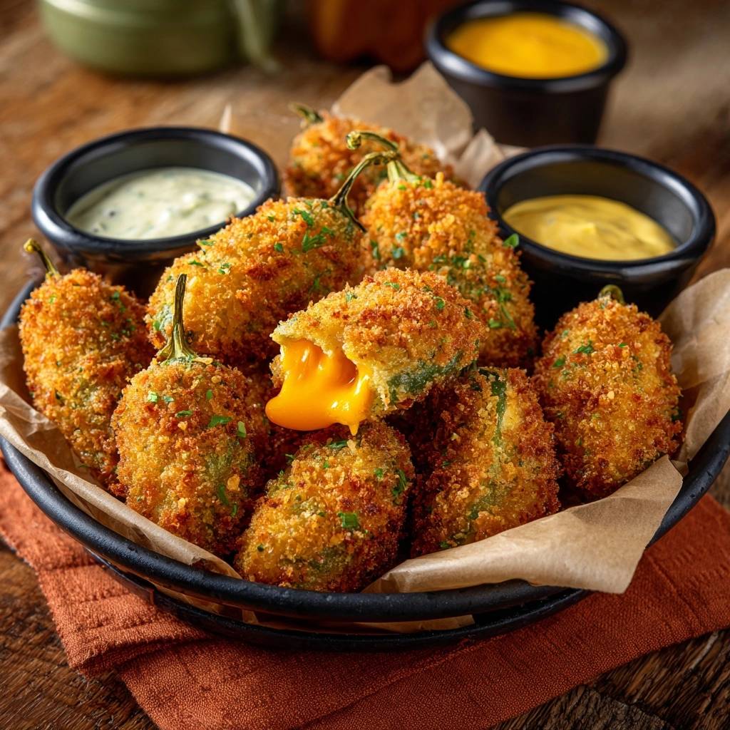 Knusprige Jalapeño Poppers mit Käsefüllung, die im Querschnitt zu sehen ist. Der geschmolzene Käse fließt verlockend aus dem Inneren.