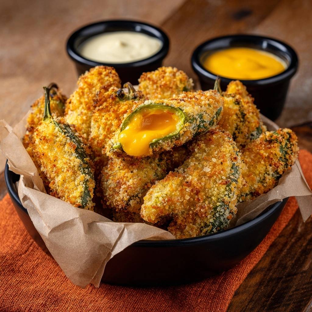 Knusprige Jalapeño Poppers mit geschmolzenem Käse im Querschnitt, serviert mit cremigen Dips in kleinen Schalen.