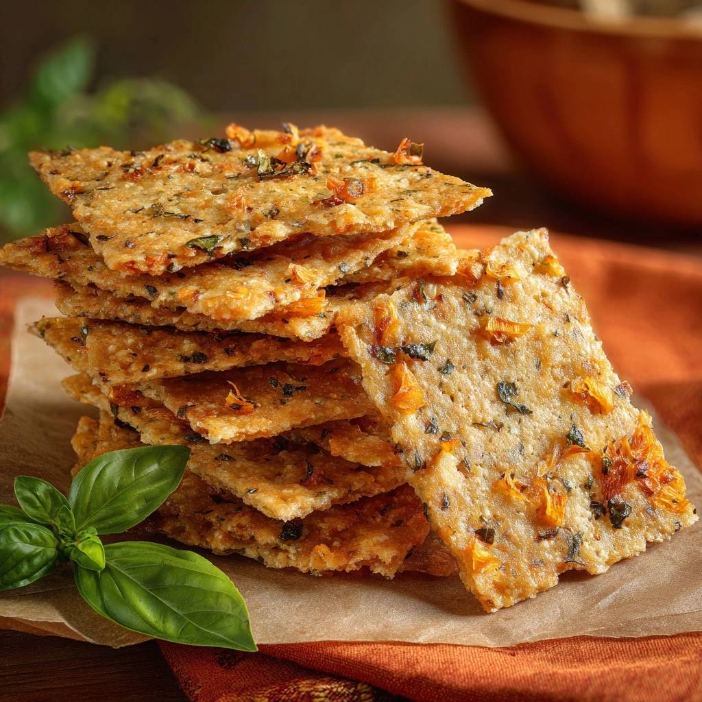 Knusprige Karotten-Basilikum-Chips in einem appetitlichen Stapel angerichtet. Die hausgemachten Chips sind mit frischen Kräutern und Karottenflocken garniert.