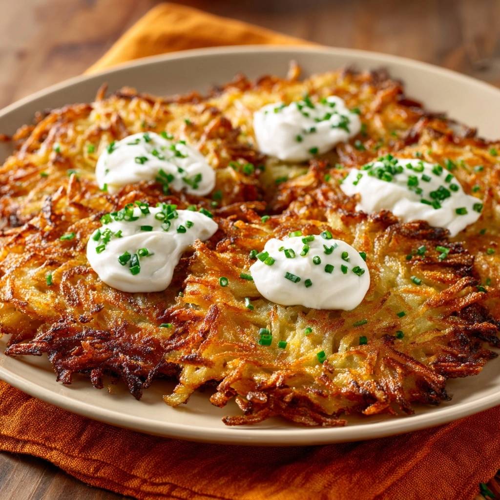 Knusprige Kartoffelpuffer Detail Garnitur 1 Knusprige Kartoffelpuffer mit Crème fraîche und Schnittlauch, garniert mit weiteren frischen Kräutern und einem Klecks Sauerrahm.