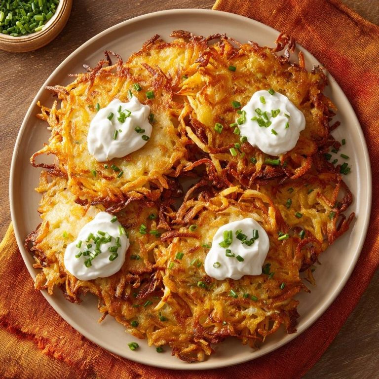 Knusprige Kartoffelpuffer mit Crème fraîche und Schnittlauch, garniert mit frischem Schnittlauch auf einem Teller serviert.