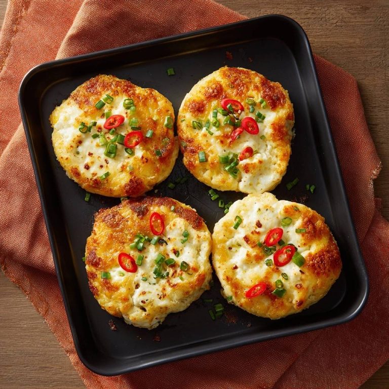 Knusprige Käse-Patties mit Frühlingszwiebeln & Chili, serviert auf einem schwarzen Backblech, garniert mit frischen Kräutern und Chili-Ringen.