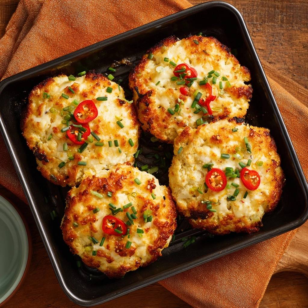 Knusprige Käse-Patties mit Frühlingszwiebeln & Chili, serviert in einer schwarzen Form, garniert mit frischen Chiliringen und Schnittlauch.