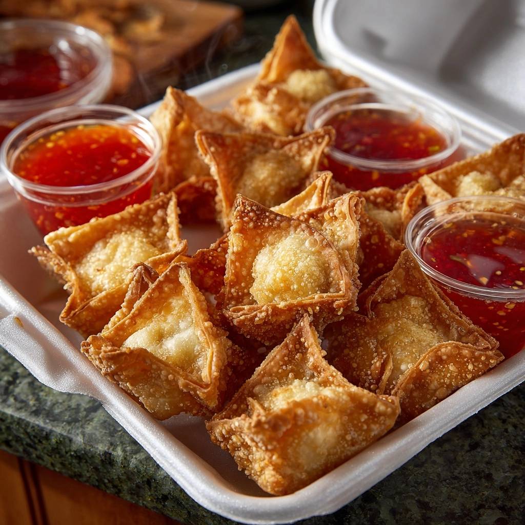 Knusprige Käse-Wontons mit Sweet-Chili-Dip serviert in einer Styroporbox, serviert mit süß-saurem Dip in kleinen Schalen.