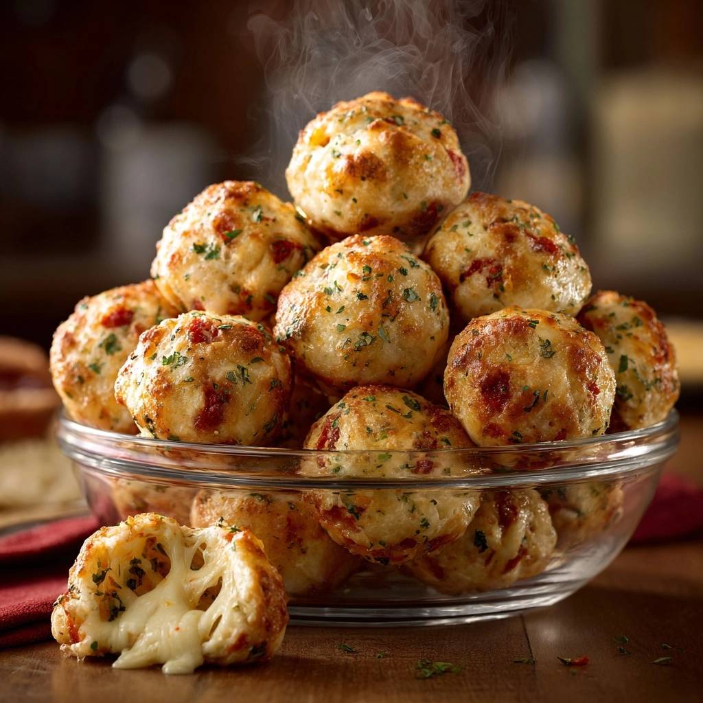 Knusprige Kraeuter Kaese Baellchen Querschnitt 1 Knusprige Kräuter-Käse-Bällchen zeigen hier ihren geschmolzenen Käse-Kern in einer Nahaufnahme, perfekt zum Teilen.