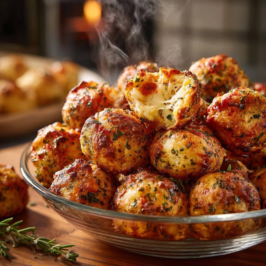 Knusprige Kräuter-Käse-Bällchen mit einem angeschnittenen Bällchen, das den geschmolzenen Käse im Inneren zeigt, dampfend.