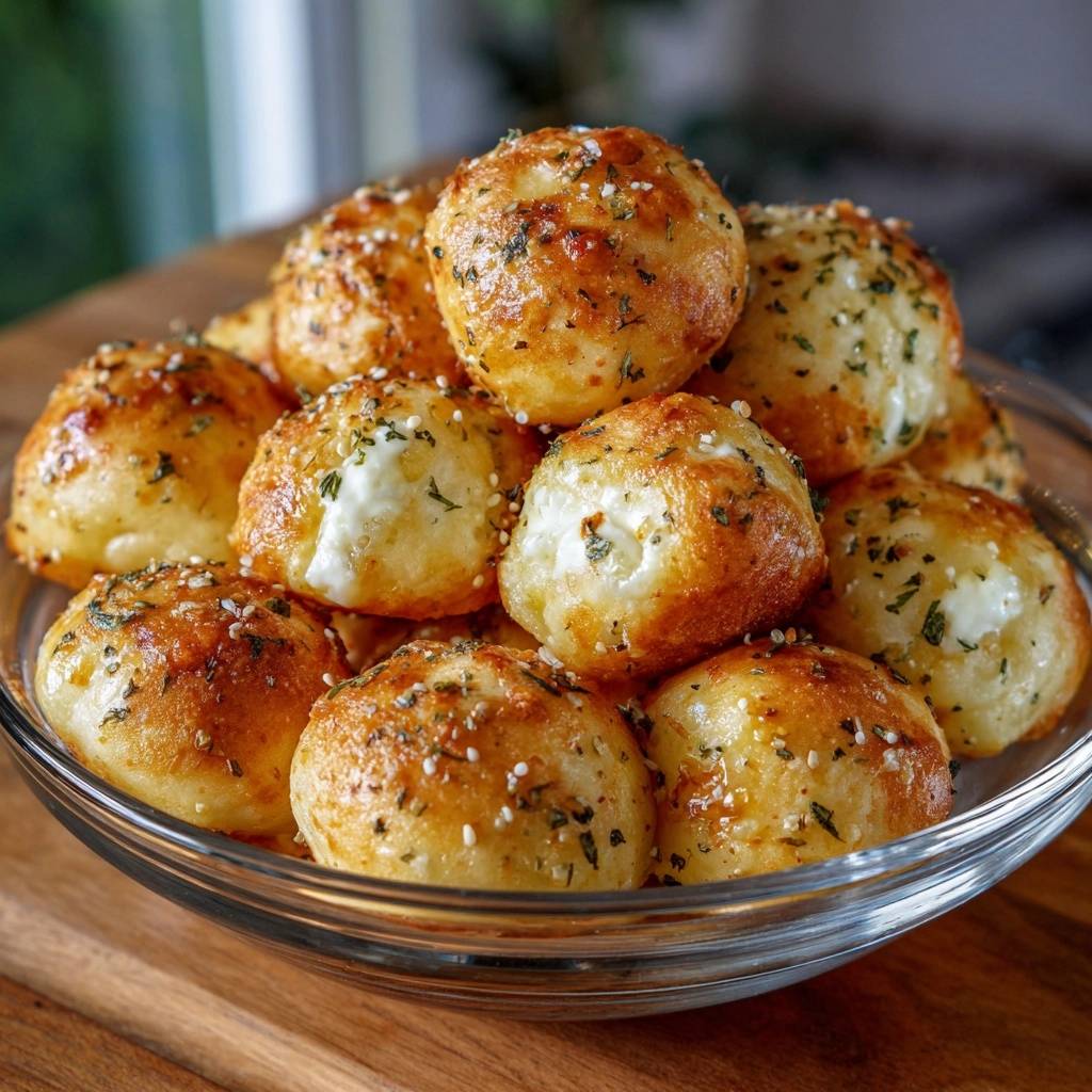 Knusprige Parmesan-Petersilie-Kartoffelbällchen in Nahaufnahme: Die goldbraunen Bällchen sind mit Kräutern und Sesam bestreut. Einige zeigen das cremige Innere.