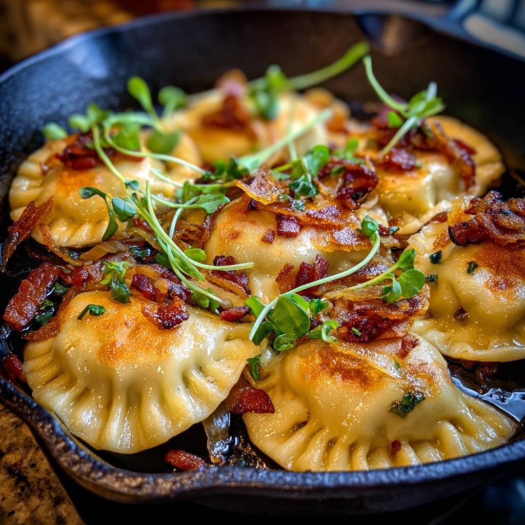 Knusprige Pierogi Mit Raeuchertofu Und Zwiebeln Draufsicht 1 Knusprige Pierogi mit Räuchertofu und Zwiebeln, serviert in einer gusseisernen Pfanne, garniert mit frischen Sprossen und knusprigem Speck.