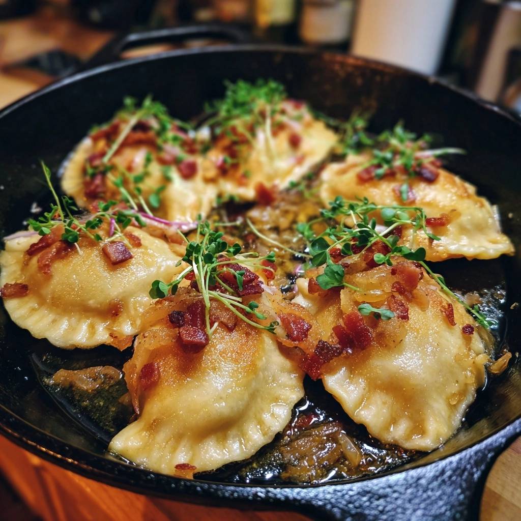 Knusprige Pierogi mit Räuchertofu und Zwiebeln, serviert in einer gusseisernen Pfanne, garniert mit knusprigem Speck und frischen Kräutern.
