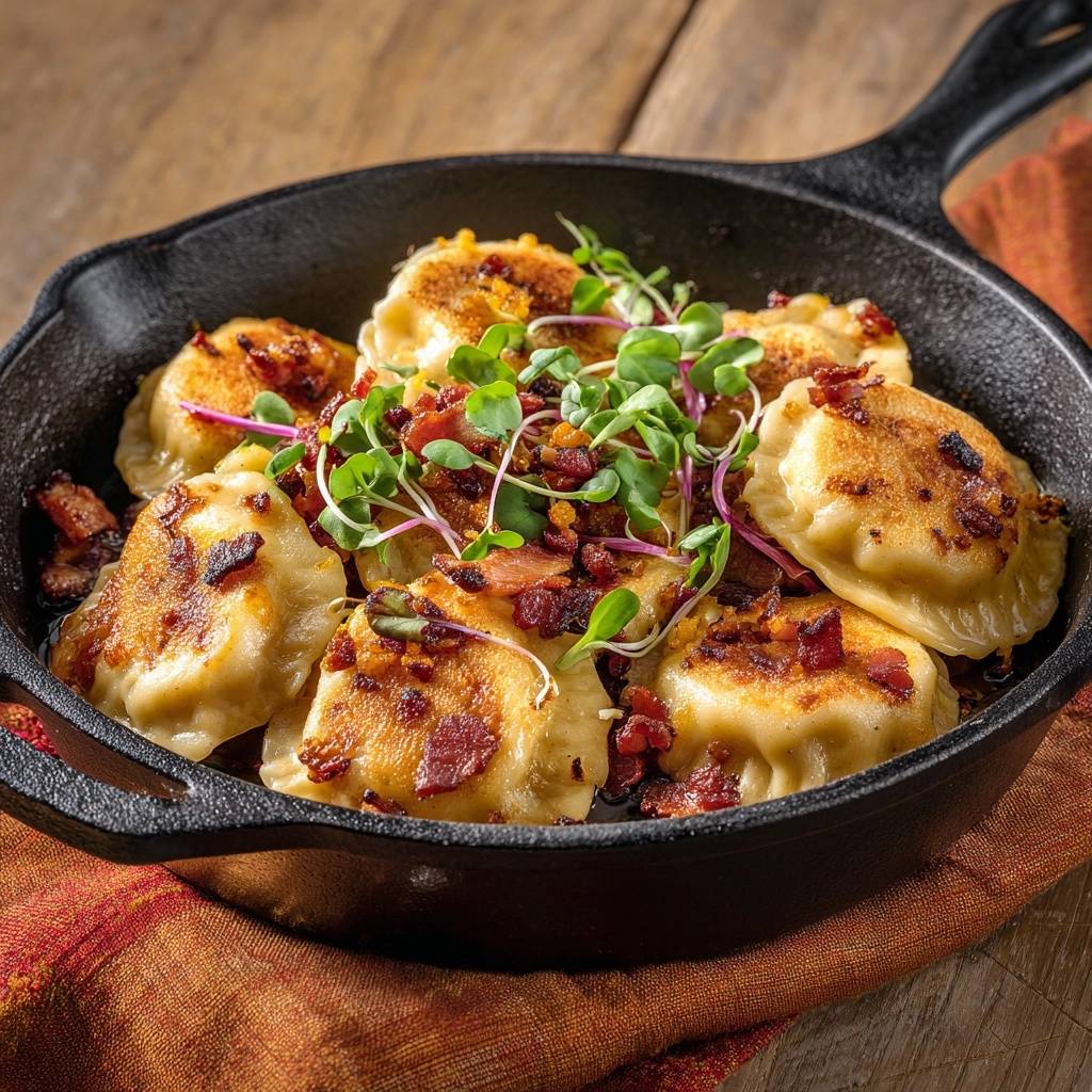 Knusprige Pierogi Mit Speck Draufsicht 1 Knusprige Pierogi mit Speck, serviert in einer gusseisernen Pfanne, garniert mit frischer Kresse und knusprigem Speck.