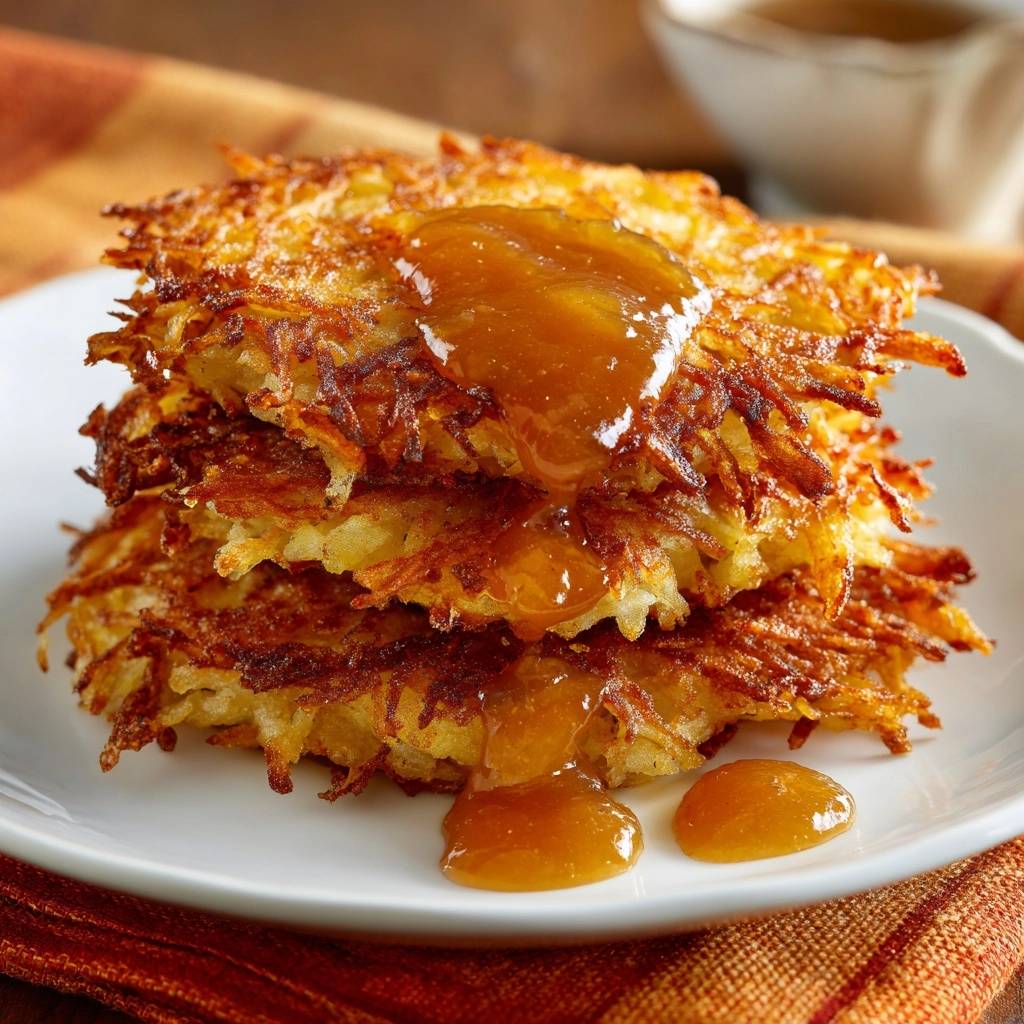 Knusprige Reibekuchen mit Apfelmus serviert auf einem weißen Teller, bedeckt mit süßem Apfelmus und köstlichen Tropfen.