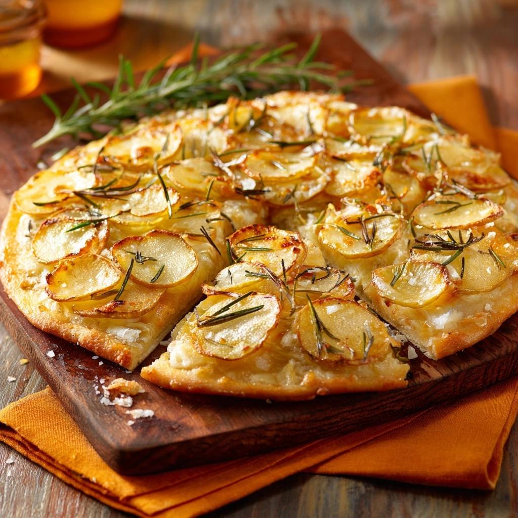 Knusprige Rosmarin Kartoffelpizza Angeschnitten 1 Knusprige Rosmarin-Kartoffelpizza, die auf einem Holzbrett serviert wird, mit einem Anschnitt, der die goldbraunen Kartoffelscheiben zeigt.
