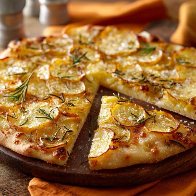 Knusprige Rosmarin-Kartoffelpizza mit frischem Rosmarin, angeschnitten und auf einem Holzbrett serviert, zeigt die knusprige Textur.
