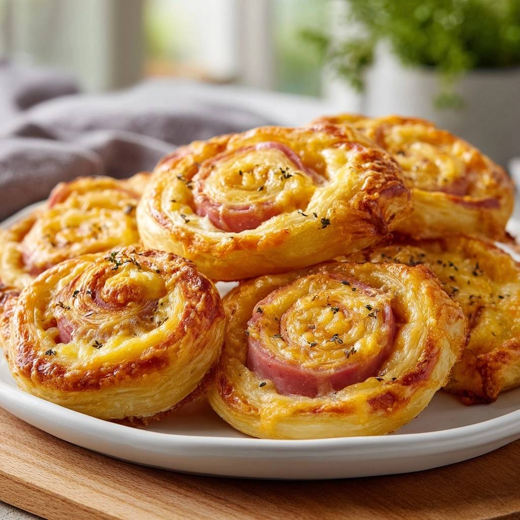 Knusprige Schinken-Käse-Blätterteigschnecken in Nahaufnahme, auf einem weißen Teller serviert, mit goldbrauner Kruste und köstlichem Käse.