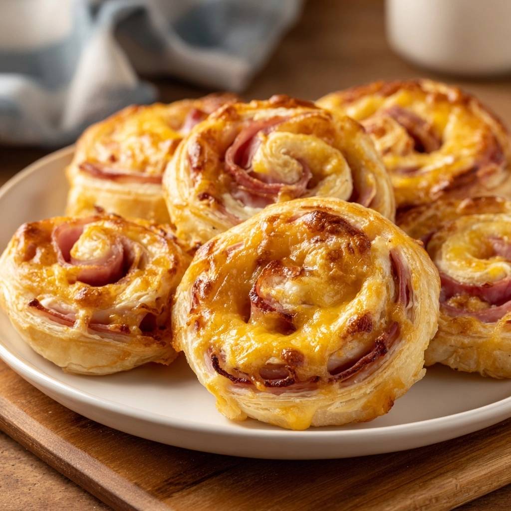 Knusprige Schinken Kase Blatterteigschnecken Nahaufnahme 1 Knusprige Schinken-Käse-Blätterteigschnecken im Nahaufnahme, serviert auf einem weißen Teller, mit geschmolzenem Käse und goldbraunem Blätterteig.