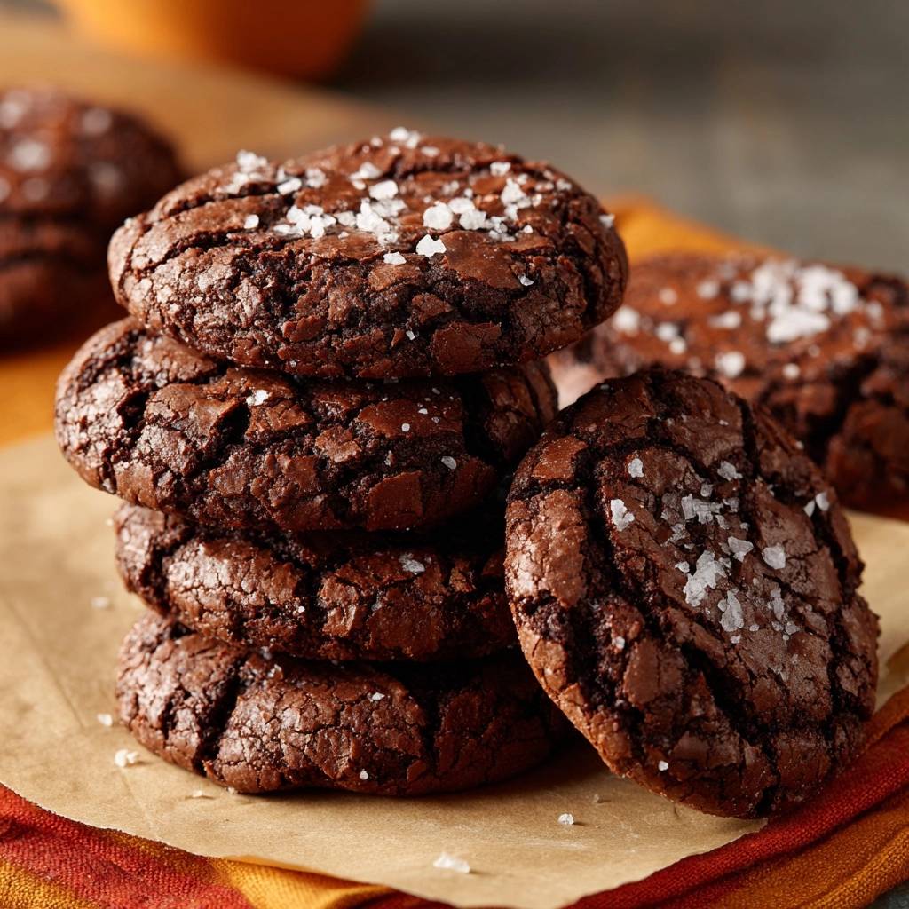Knusprige Schoko-Cookies mit Meersalz sind hier in einem gestapelten Haufen zu sehen, der auf Backpapier angerichtet ist. Die Schokoladen-Cookies sind mit Meersalzflocken bestreut.
