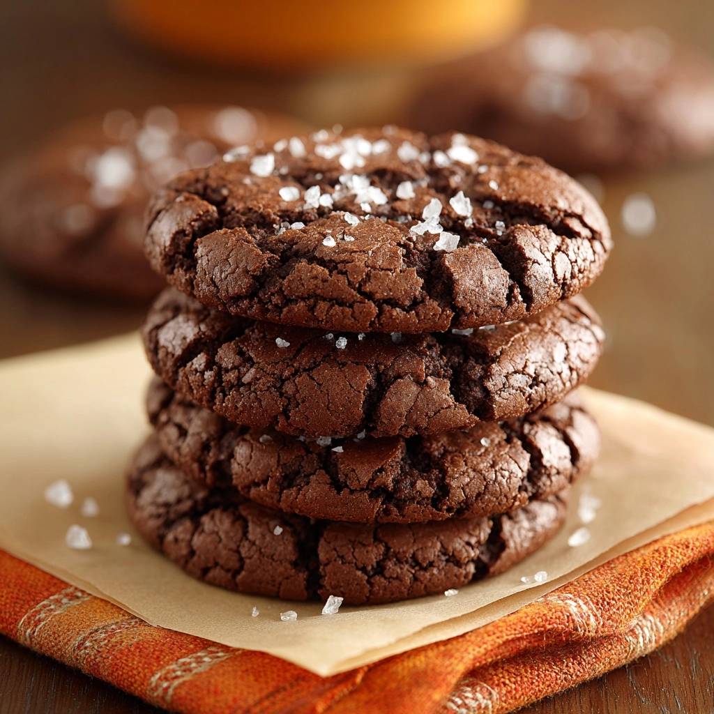 Knusprige Schoko Cookies Mit Meersalz Gestapelt 1 Knusprige Schoko-Cookies mit Meersalz, gestapelt auf Backpapier, mit grobem Meersalz bestreut und zum Verzehr bereit.
