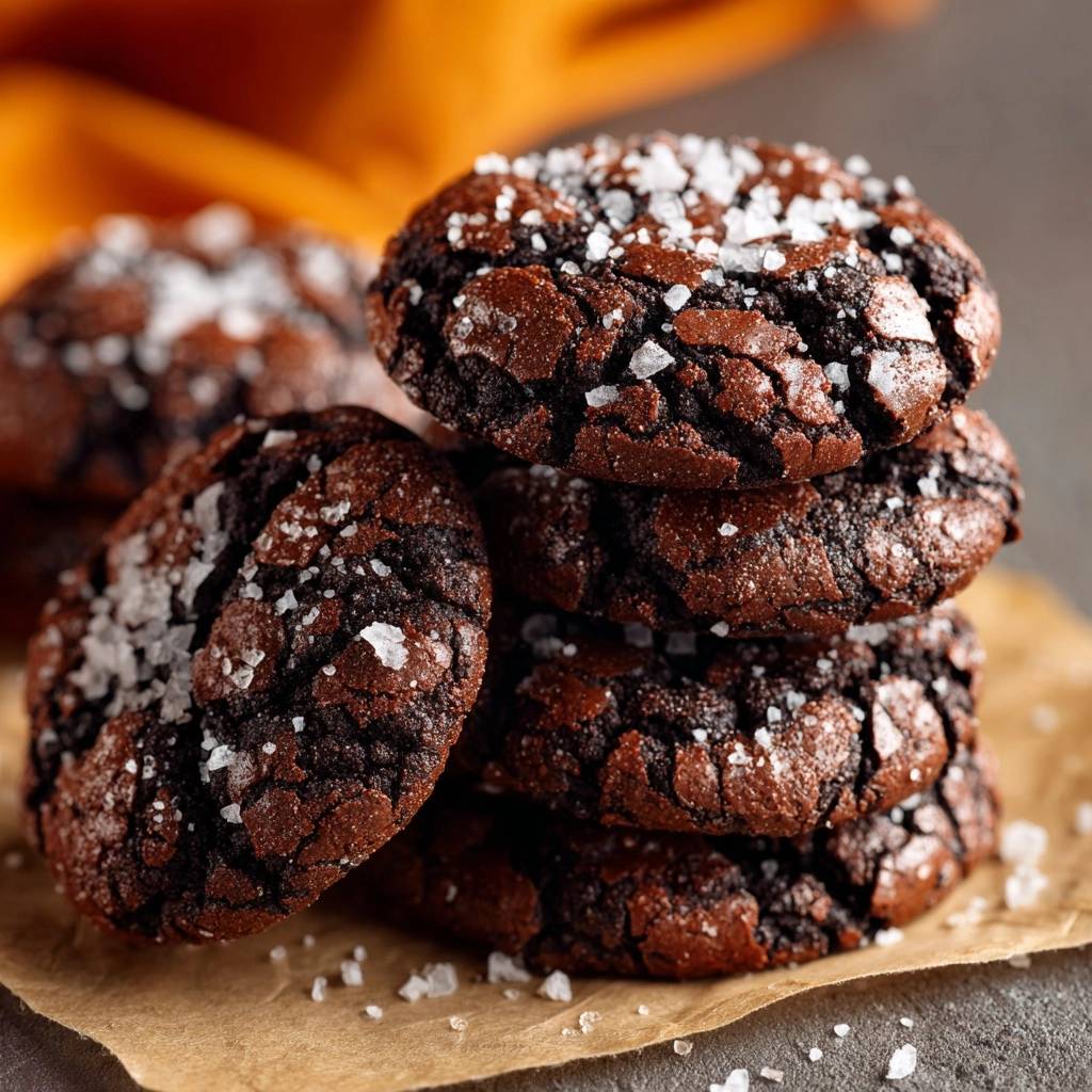 Knusprige Schoko-Cookies mit Meersalz, gestapelt auf Backpapier, zeigen eine nahaufnahme der schokoladigen Textur und groben Meersalzflocken.
