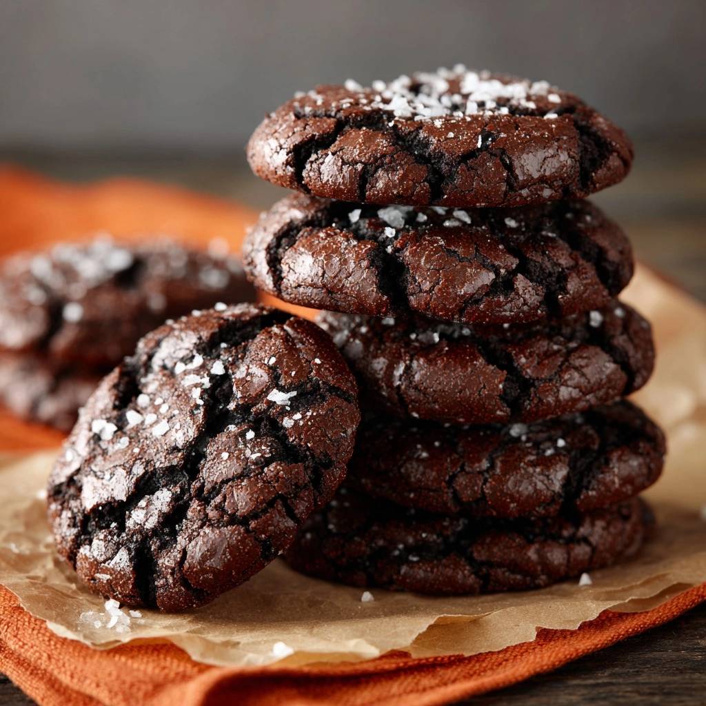 Knusprige Schoko-Cookies mit Meersalz in einem Stapel, garniert mit grobem Meersalz, auf einem Stück Backpapier und einem orangefarbenen Tuch.