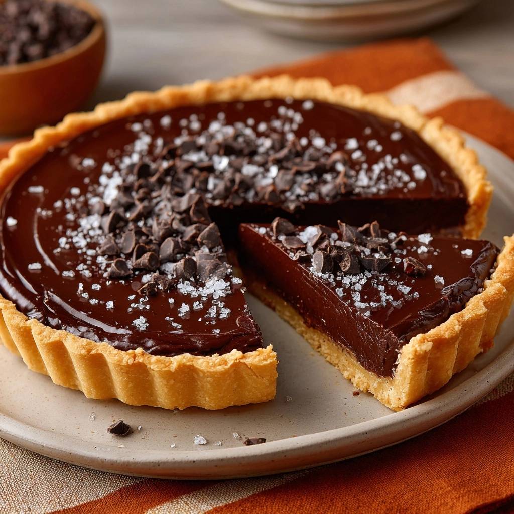 Knusprige Schokoladen Salz Tarte Querschnitt 1 Knusprige Schokoladen-Salz-Tarte mit Anschnitt, der die cremige Schokoladenfüllung und den knusprigen Boden zeigt. Dazu grobes Meersalz und Schokostückchen.