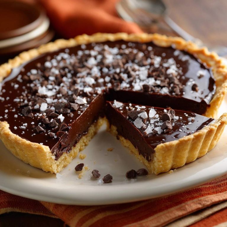 Knusprige Schokoladen-Salz-Tarte im Querschnitt, mit Ansicht der cremigen Schokoladenfüllung und knusprigem Boden, garniert mit Meersalzflocken.