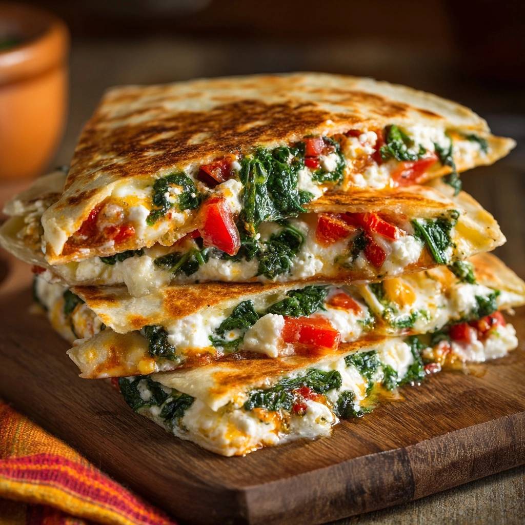 Knusprige Spinat-Feta-Quesadillas im Querschnitt, gefüllt mit Spinat, Feta und Tomaten, auf einem Holzbrett gestapelt. Die goldbraun gebratenen Tortillas zeigen ihre köstliche Füllung.