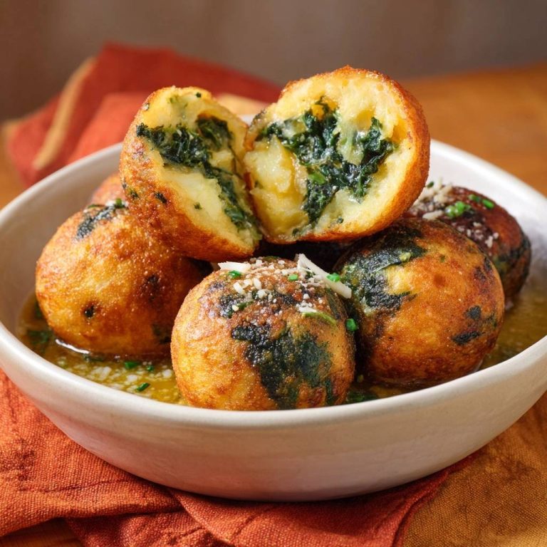 Knusprige Spinat-Käse-Kartoffelbällchen, ein Bällchen angeschnitten, das den Spinat-Käse-Kern offenbart