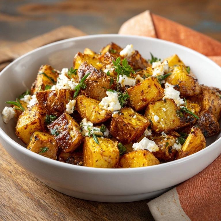 Knusprige Thymian-Kartoffeln mit Feta in einer Schüssel, serviert mit frischem Thymian und zerbröseltem Feta-Käse.