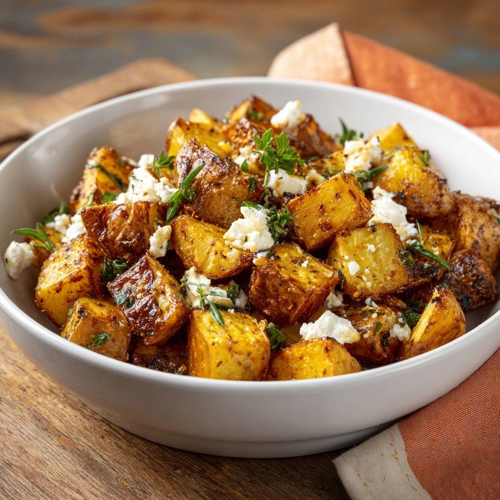 Knusprige Thymian-Kartoffeln mit Feta in einer Schüssel, serviert mit frischem Thymian und zerbröseltem Feta-Käse.