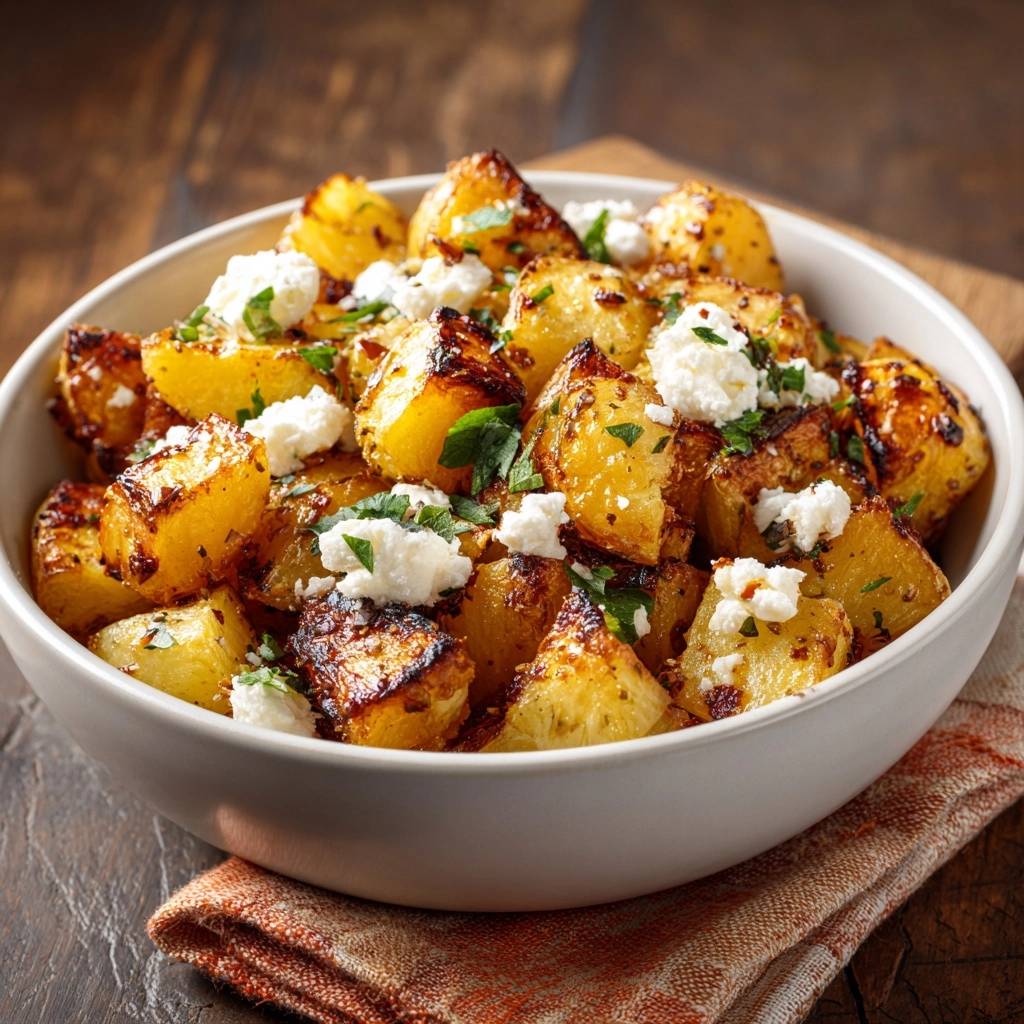 Knusprige Thymian-Kartoffeln mit Feta, serviert in einer weißen Schüssel, garniert mit Feta-Käse und frischer Petersilie. Die goldbraunen Kartoffeln sind appetitlich angerichtet.