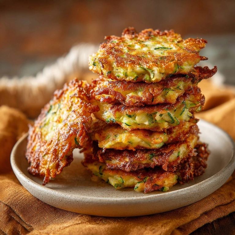 Knusprige Zucchini-Puffer sind hier in einem hohen Stapel zu sehen, mit Nahaufnahme der knusprigen Textur.