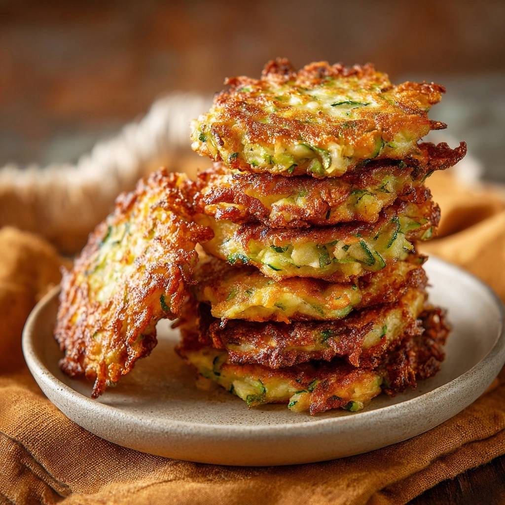 Knusprige Zucchini-Puffer sind hier in einem hohen Stapel zu sehen, mit Nahaufnahme der knusprigen Textur.