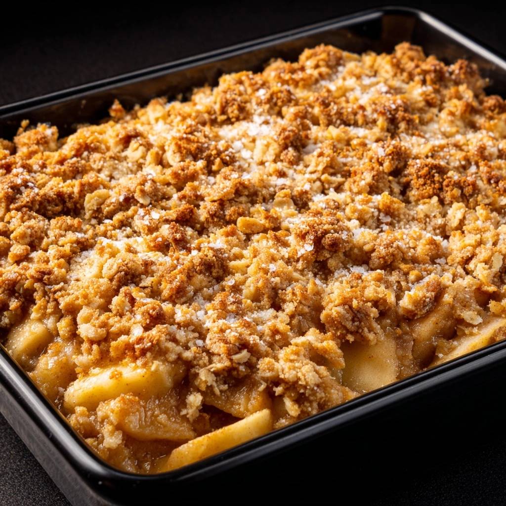 Knuspriger Apfel-Crumble in einer Backform, serviert mit goldbraunen Streuseln und einer leichten Puderzucker-Bestreuung.