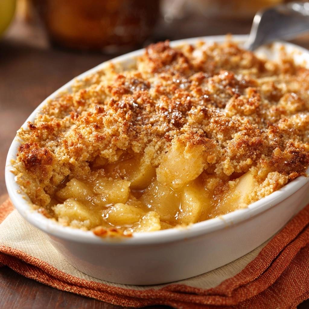 Knuspriger Apfelstreusel Nahaufnahme 1 Knuspriger Apfelstreusel in einer Nahaufnahme, der die goldbraune Kruste und die fruchtige Füllung zeigt, perfekt gebacken.