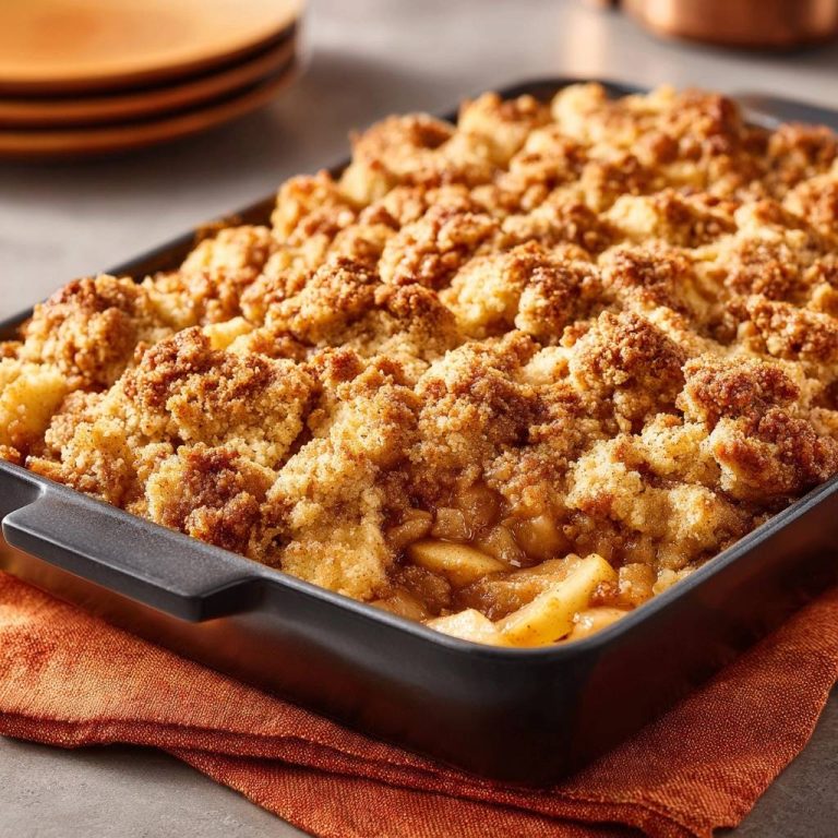 Knuspriger Apfelstreusel in einer Backform, Nahaufnahme der knusprigen Streusel und der saftigen Apfelfüllung. Ein herrlicher Genuss, frisch aus dem Ofen.