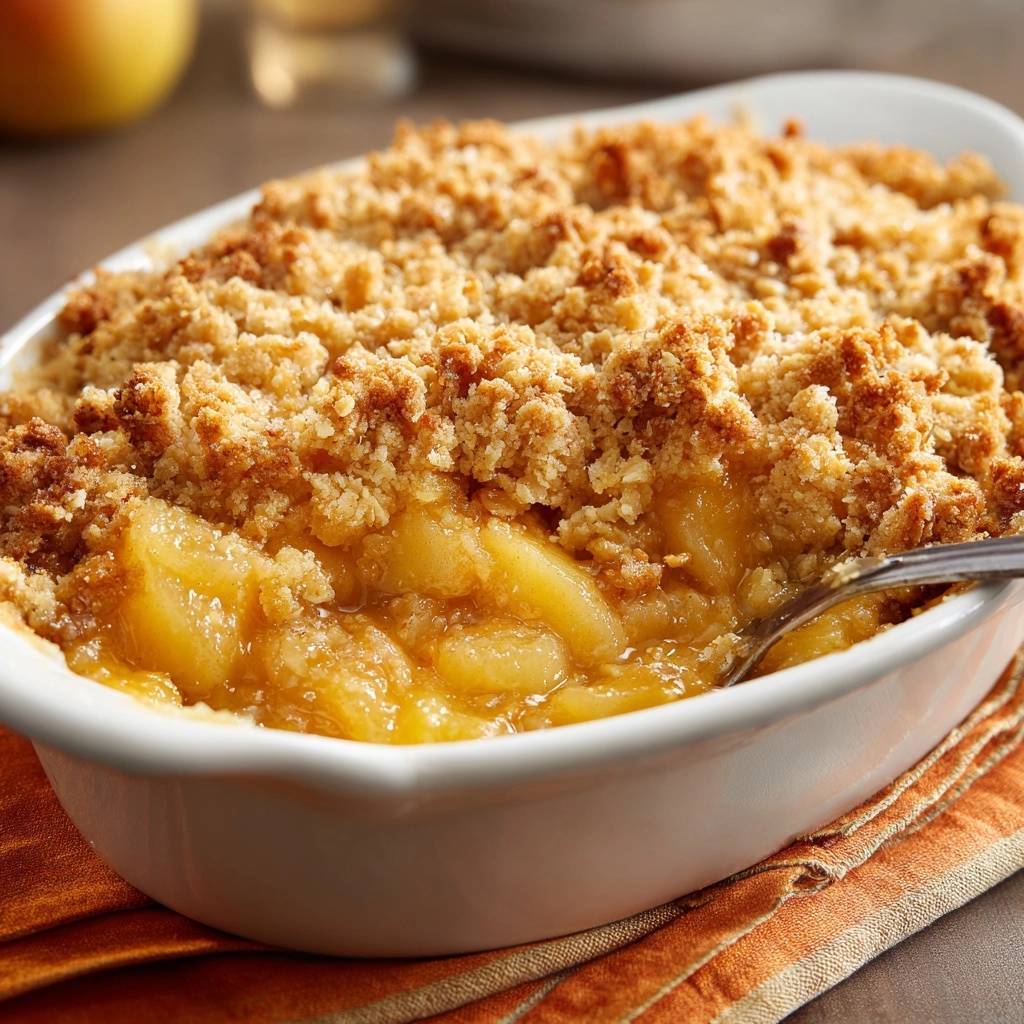 Knuspriger Apfelstreusel in Nahaufnahme mit einem Löffel. Der Auflauf zeigt einen köstlichen Querschnitt der warmen Äpfel und des Streusels.