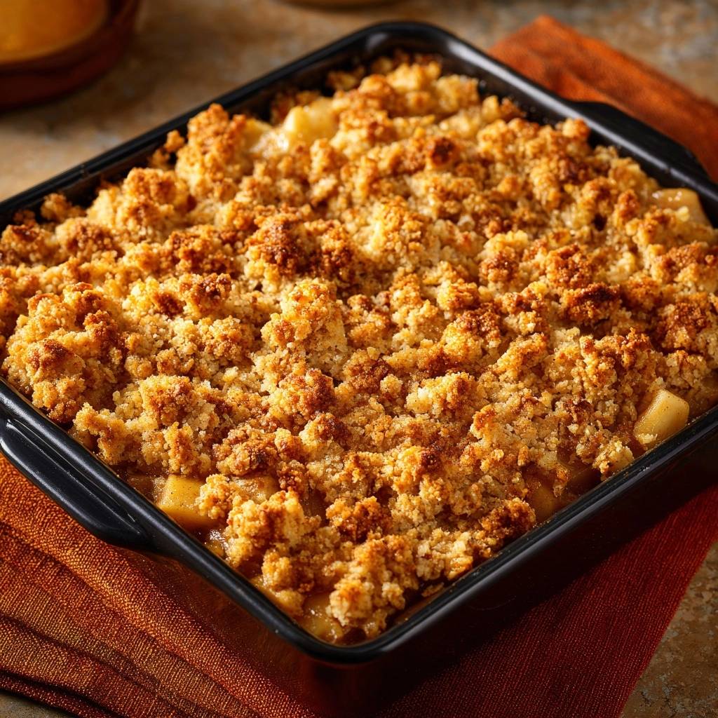 Knuspriger Apfelstreusel in einer schwarzen Auflaufform, von oben betrachtet. Der goldbraune Streusel bedeckt das gebackene Dessert.