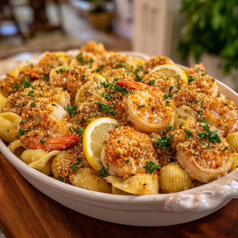 Knuspriger Garnelen-Conchiglie-Auflauf, serviert in einer eleganten Auflaufform, mit knusprigen Garnelen und frischen Zitronenscheiben garniert.