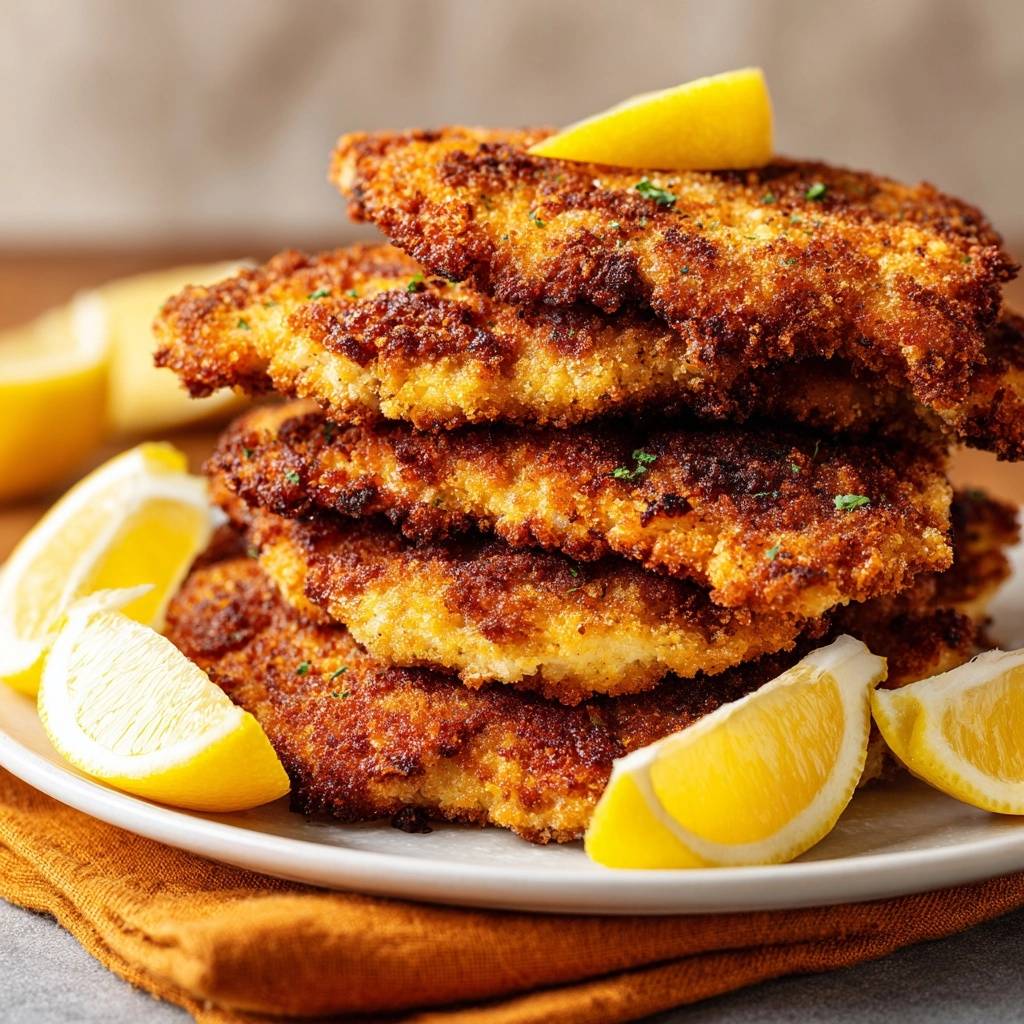 Knuspriger Haehnchenschnitzel Turm Mit Zitrone Serviert 1 Knuspriger Hähnchenschnitzel-Turm mit Zitrone, serviert auf einem weißen Teller mit frischen Zitronenspalten, die den Gericht abrunden.