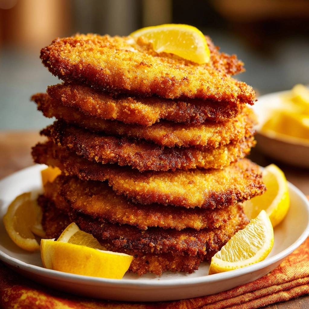 Knuspriger Hähnchenschnitzel-Turm mit Zitrone serviert, als hoher Stapel auf einem Teller, garniert mit frischen Zitronenspalten und einem saftigen Zitronenstück.
