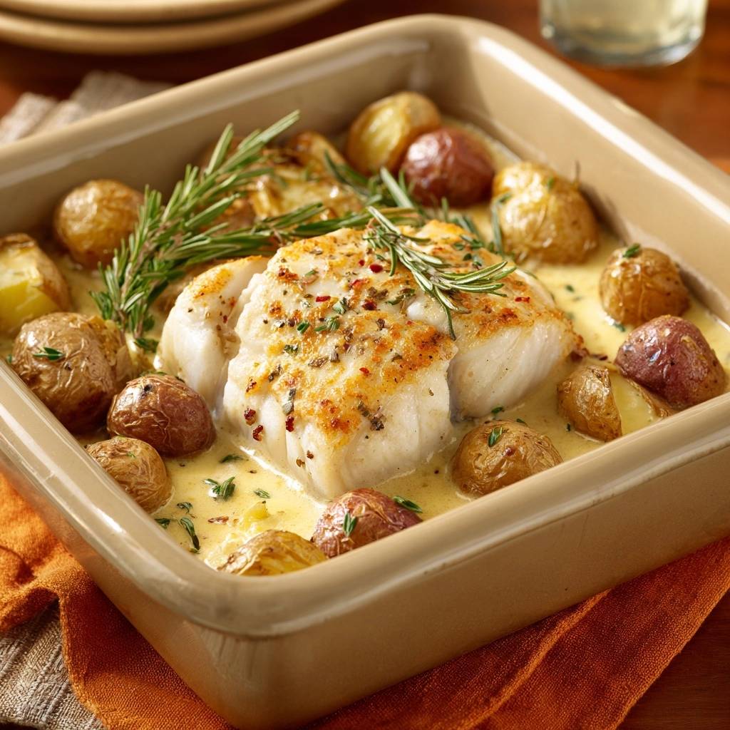 Knuspriger Kabeljau Mit Babykartoffeln Draufsicht 1 Knuspriger Kabeljau mit Babykartoffeln in Kräutersauce, serviert in einer Auflaufform, mit Rosmarinzweigen garniert und von oben fotografiert.