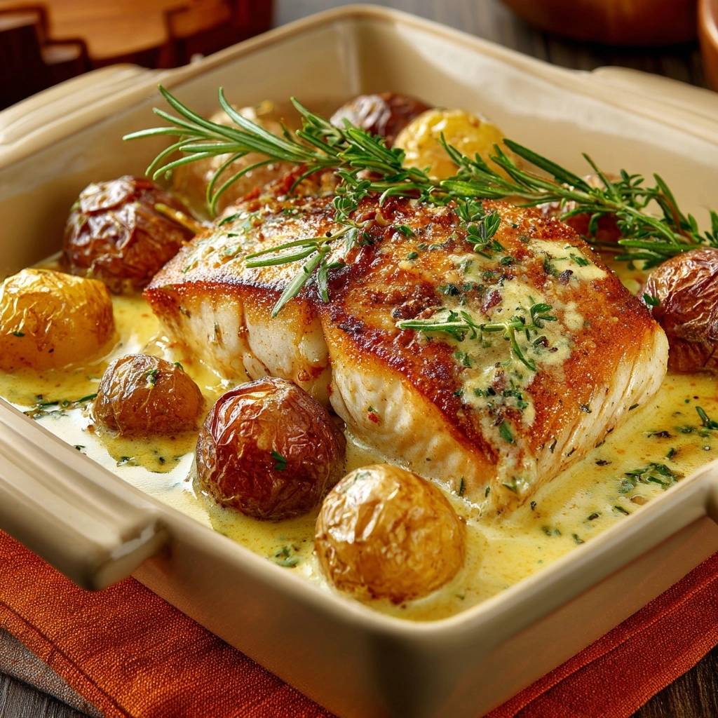 Knuspriger Kabeljau mit Babykartoffeln in Kräutersauce, serviert in einer Auflaufform, garniert mit frischen Kräutern und Rosmarinzweigen.