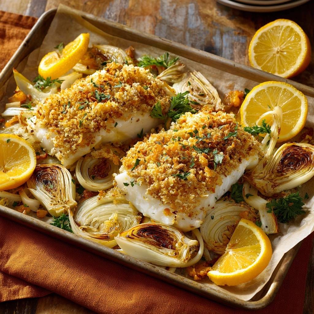 Knuspriger Kabeljau Mit Fenchel Draufsicht 1 Knuspriger Kabeljau mit Fenchel in einer Auflaufform, mit Zitrone und Fenchel als Beilage serviert, von oben fotografiert.