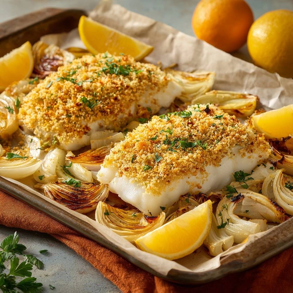Knuspriger Kabeljau mit Fenchel in einer Auflaufform, serviert mit geröstetem Fenchel und Zitronenspalten, garniert mit frischer Petersilie.