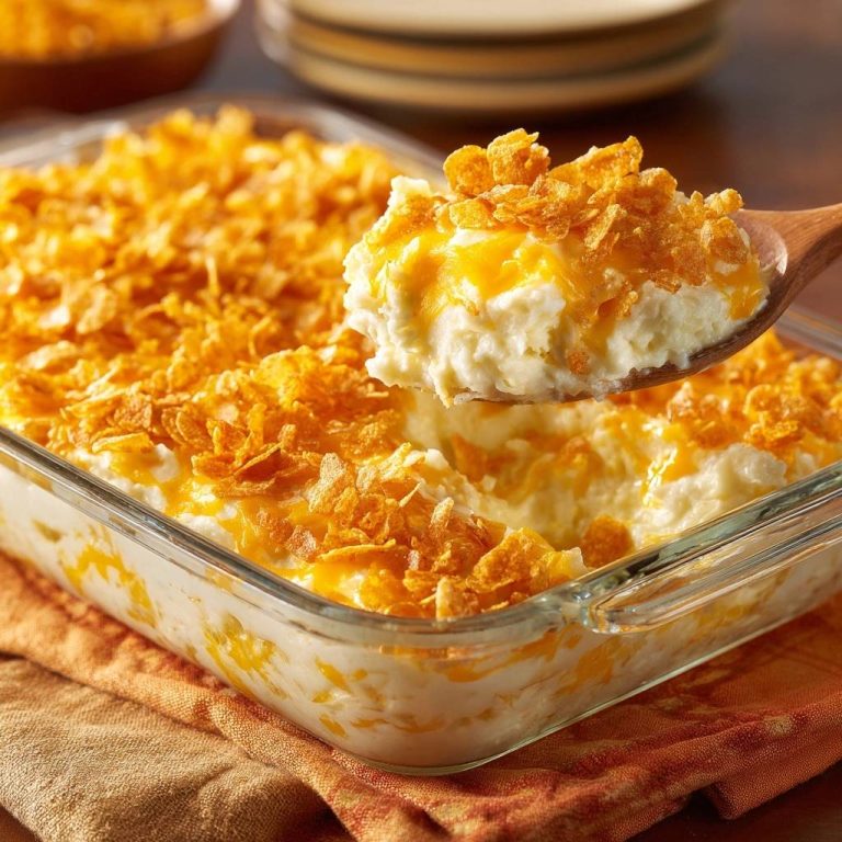 Knuspriger Käse-Kartoffel-Auflauf wird von einem Holzlöffel serviert, der die cremige Textur und das goldbraune Topping zeigt.