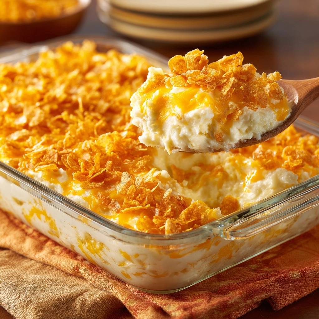 Knuspriger Käse-Kartoffel-Auflauf wird von einem Holzlöffel serviert, der die cremige Textur und das goldbraune Topping zeigt.