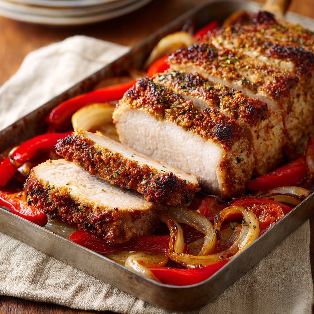 Knuspriger Kräuter-Putenbraten mit Ofenpaprika: Nahaufnahme eines saftigen, aufgeschnittenen Putenbratens mit knuspriger Kräuterkruste. Serviert mit Ofengemüse.